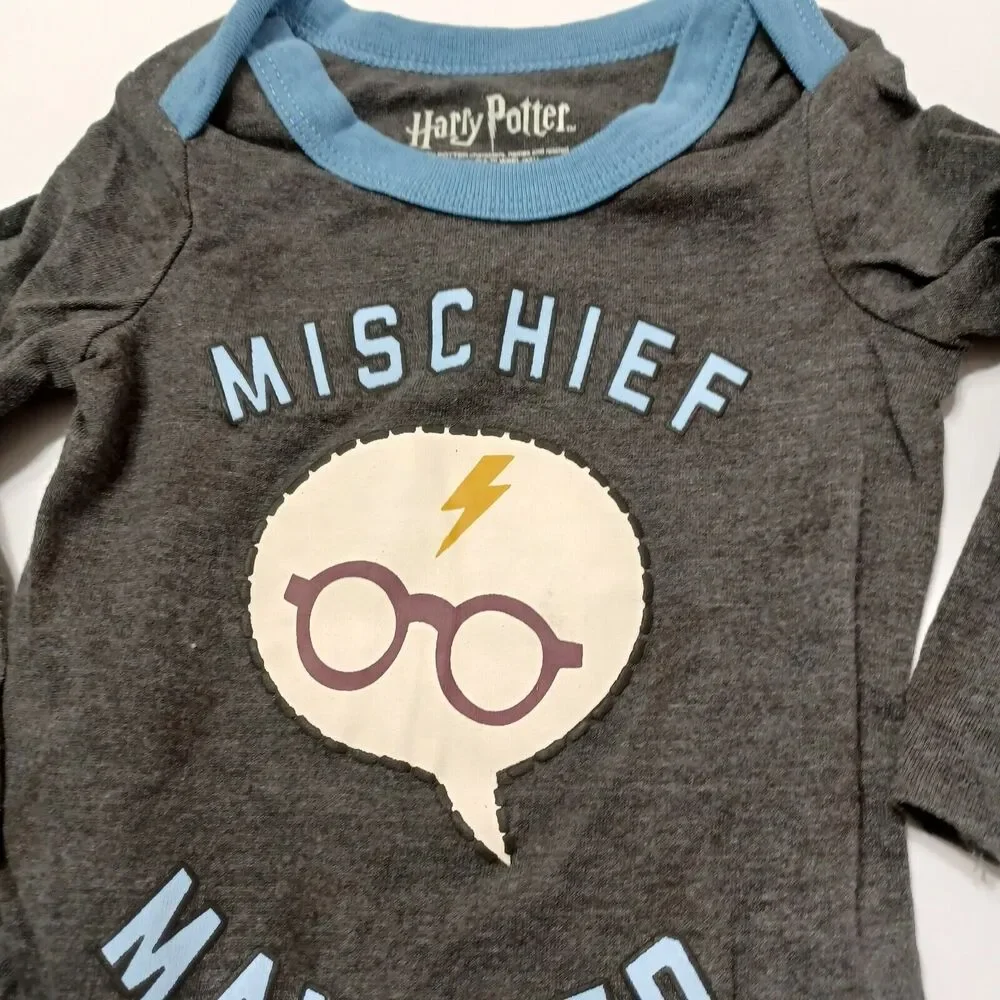 Harry Potter Unisex NB Bodysuit Mischief Managed Heathered Grey Blue Snap Button
